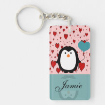 Adorable Penguin with Heart Balloon Custom Name Acrylic Key Chain