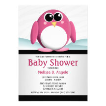 Adorable Pink Penguin Baby Shower Invitations
