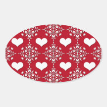 Adorable Red and White Damask with Hearts Oval Stickers