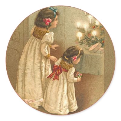 Adorable Victorian Illustration of Two Girls Round Stickers by XmasFun