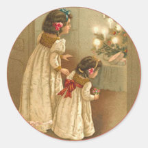 Adorable Victorian Illustration of Two Girls Round Stickers