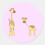 Adult and Baby Giraffe. Cartoon Round Stickers