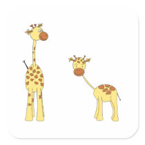 Adult and Baby Giraffe. Cartoon Square Stickers