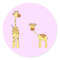 Adult and Baby Giraffe. Cartoon Round Stickers