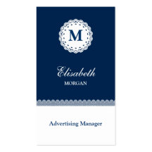 Advertising Manager Blue White Lace Monogram Business Cards