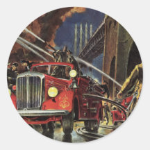 Affaires vintages, camions de pompiers de sapeurs- adhésif rond