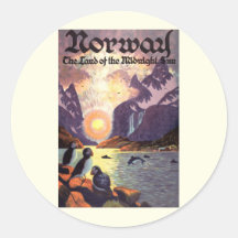 Affiche vintage de voyage, terre de la Norvège de  Autocollants Ronds