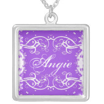 "Agie" on purple flourish swirls necklace