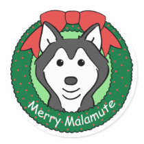 Alaskan Malamute Christmas Round Stickers