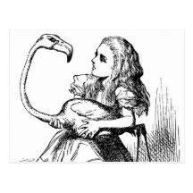 Alice trying to play croquet with a flamingo postcard
