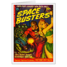 Alien and Spaceman Fighting Over Beautiful Woman Greeting Card