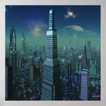 Alien City with UFO in Sky Posters