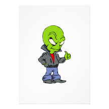 Alien in black leather jacket thumbs up invites