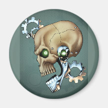 Alien Robot Skull from the Future in Chrome + Bone Fridge Magnets