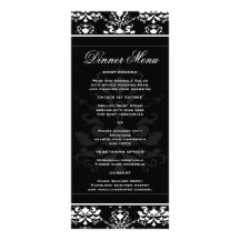 All Black w/ White Damask Elegant Slim Dinner Menu Personalized Rack Card