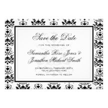 All White with Black Damask Elegant Save the Date Cards