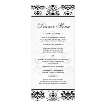 All White with Black Damask Slim Dinner Menu Personalized Rack Card