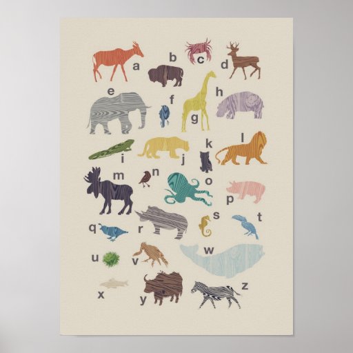Alphabet Wood Grain Animal Poster