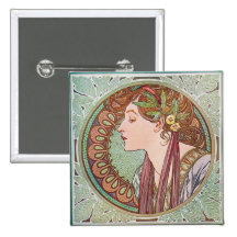 Alphonse Mucha Laurel Art Nouveau Square Button