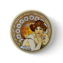 Alphonse Mucha - Topaz Pinback Button