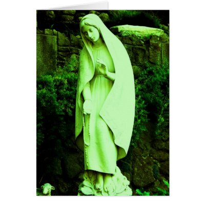 Altered Green Virgin Mary Garden Statue Greeting Cards by JuJuGardens