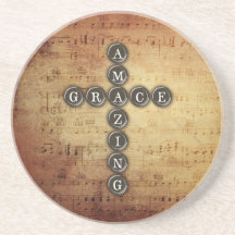 Amazing Grace Cross on Vintage Music Sheet Coaster