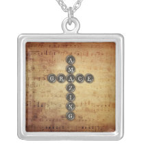 Amazing Grace Cross on Vintage Music Sheet Necklace
