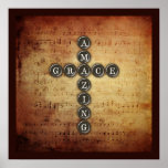 Amazing Grace Cross on Vintage Music Sheet Print