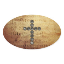 Amazing Grace Cross on Vintage Music Sheet Oval Stickers