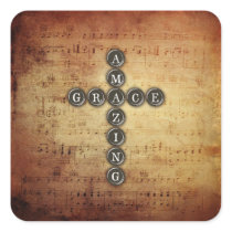 Amazing Grace Cross on Vintage Music Sheet Square Stickers