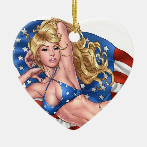 American Flag Bikini Pinup Girl by Al Rio Christmas Tree Ornaments