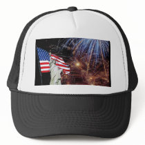 American Flag, Fireworks and Statue of Liberty
