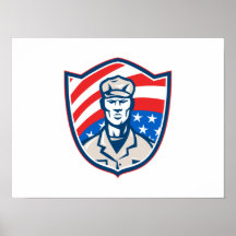 American Soldier With Stars and Stripes Shield Ret Print