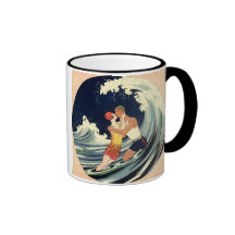 Amour vintage dans le surf, baiser romantique par  tasse à café