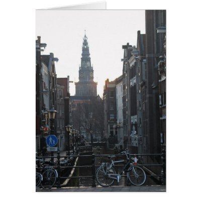 Amsterdam Canal with Bikes and Old Church Card by hollandshop