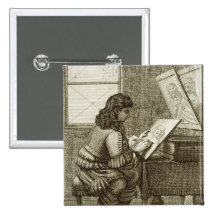 An artist copying onto an engraving plate, printed pinback button