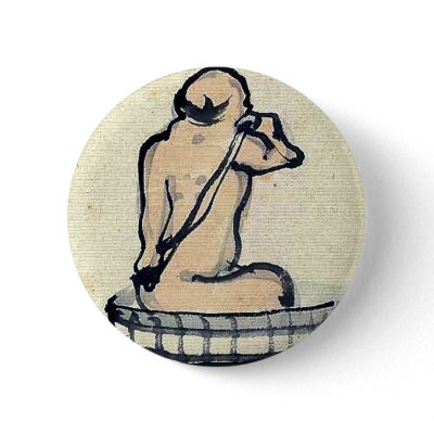 An elderly man bathing in a wooden tub buttons by hokusai_art