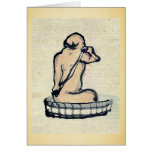 An elderly man bathing in a wooden tub greeting cards