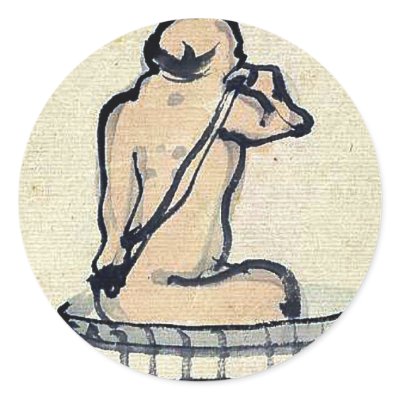 An elderly man bathing in a wooden tub round sticker by hokusai_art