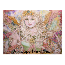 An emerald angel.,  A Happy New Year. Post Card