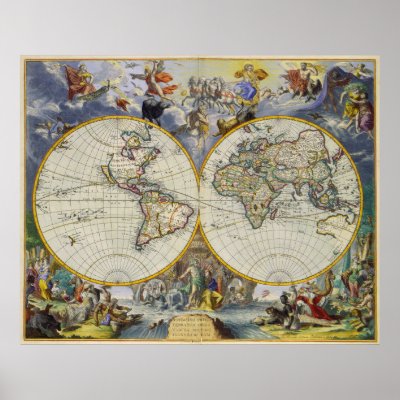 Ancient Map of the World in Two Hemispheres 1683 Poster by terraprints_classic