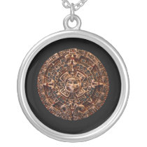 Ancient Mayan Sun Calendar Art  Round Necklace