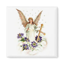 Angel With Cross And Clematis Flower Fridge Magnets