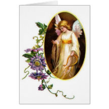Angel With Harp And Clematis Flowers Greeting Card