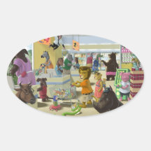 animals doing their shopping at a supermarket oval sticker