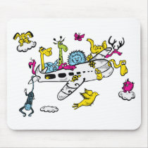 Animals Riding Airplane Cartoon Fantasy Art Mousepad