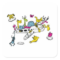 Animals Riding Airplane Cartoon Fantasy Art Square Sticker