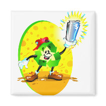 Animated recycling symbol with aluminum can fridge magnets