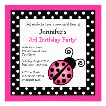 Anniversaire rose de coccinelle - pois noir et bla cartons d'invitation