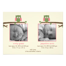 Annonces jumelles de naissance de hiboux (filles j carton d'invitation